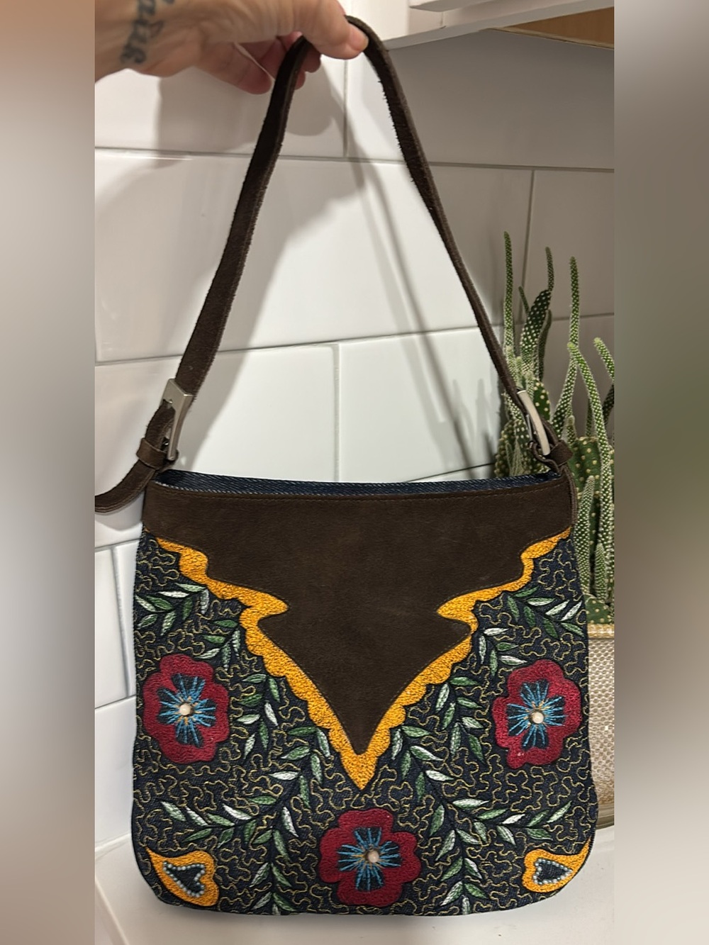 Vintage suede and denim w beading Tango handbag Boho